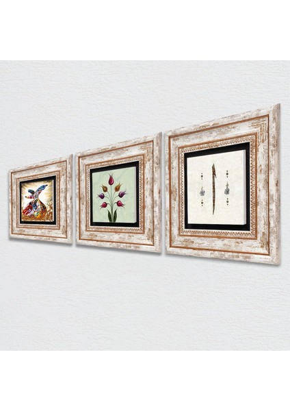 Lale Ebru Sanatı, Elif, Semazen Taş Duvar Tablosu Çerçeveli Duvar Dekoru 3 Parça Tablo Seti Wall Art T3-24