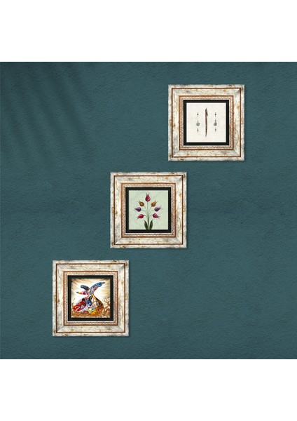 Lale Ebru Sanatı, Elif, Semazen Taş Duvar Tablosu Çerçeveli Duvar Dekoru 3 Parça Tablo Seti Wall Art T3-24