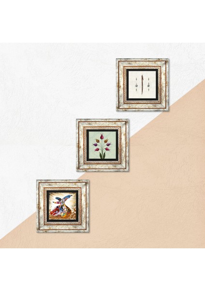 Lale Ebru Sanatı, Elif, Semazen Taş Duvar Tablosu Çerçeveli Duvar Dekoru 3 Parça Tablo Seti Wall Art T3-24