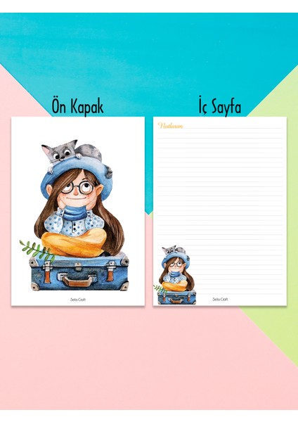 Sevimli Kedili Kızçe Çizgili Notepad 01 Günlük Planlayıcı, Defter, To Do List, Not Defteri, Ajanda