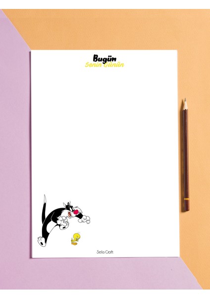 Tweety Sylvester Kareli Notepad 01 Günlük Planlayıcı, Defter, To Do List, Not Defteri, Ajanda