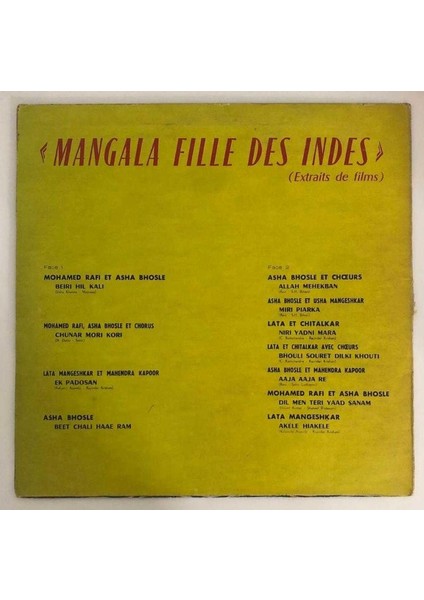 Mangala Fille Des Indes (Extraits De Films) Lp Plak (Orjinal Iran Dönem Baskı)