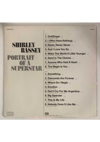 Shirley Bassey Portrait Of A Superstar Lp Plak (Orjinal 1984 Hollanda Baskı)