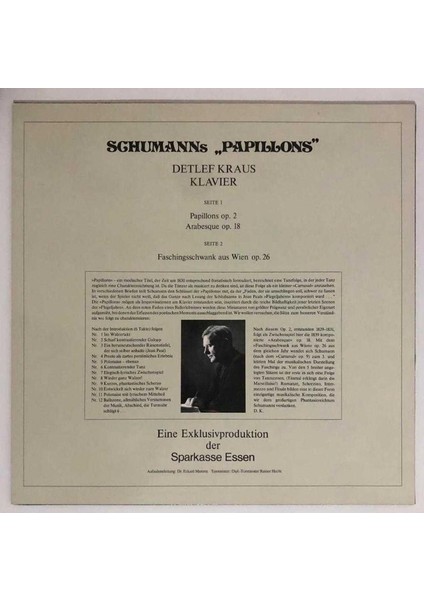 Robert Schumann, Detlef Kraus Papillons Lp Plak (Orjinal Alman Baskı)