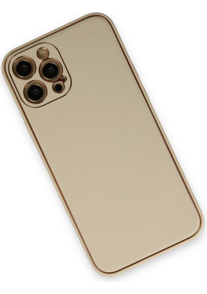 iPhone 12 Pro Max Uyumlu Kılıf Deri Görünümlü Kamera Korumalı Kapak - Gold