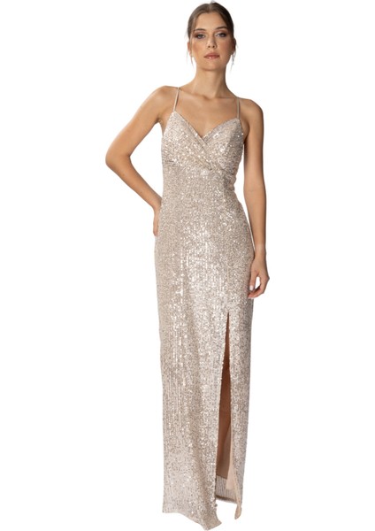 Monica | Payetli İnce Askılı Uzun Abiye Elbise Kruvaze Yaka Önden Yırtmaç - Bej