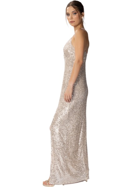 Monica | Payetli İnce Askılı Uzun Abiye Elbise Kruvaze Yaka Önden Yırtmaç - Bej modelleri