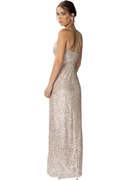 Monica | Payetli İnce Askılı Uzun Abiye Elbise Kruvaze Yaka Önden Yırtmaç - Bej fırsatları