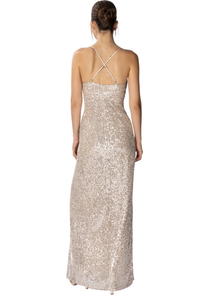 Monica | Payetli İnce Askılı Uzun Abiye Elbise Kruvaze Yaka Önden Yırtmaç - Bej indirimleri