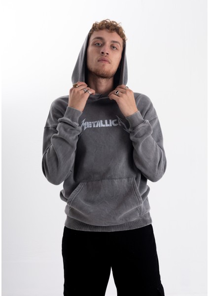 Unisex Oversize Metalica Baskı Kapşonlu Sweatshirt