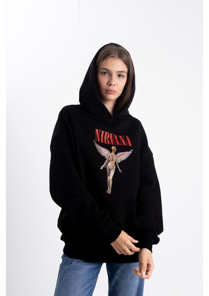 Unisex Oversize Nirvana Baskı Kapşonlu Sweatshirt