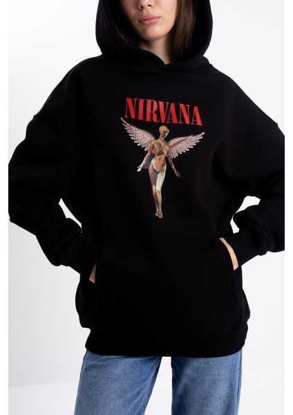 Unisex Oversize Nirvana Baskı Kapşonlu Sweatshirt