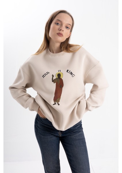 Unisex Oversize Jesus Is King Baskı Sweatshirt