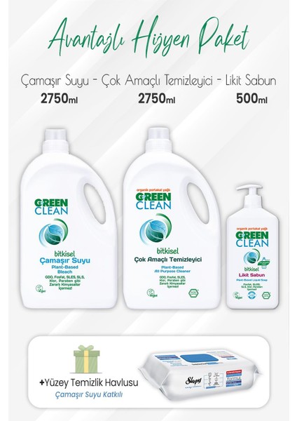 Green Clean Çamaşır Suyu , Çok Amaçlı 2,75 Lt, Likit Sabun 500 ml ve Çamaşır Sulu Yüzey 100' Lü