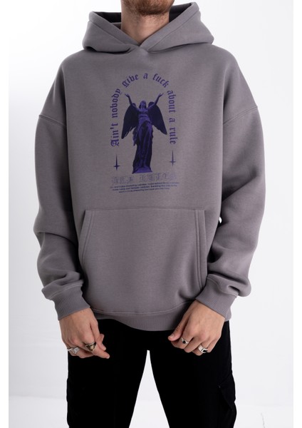 Pull The Hood Unisex Oversize Mor Melek Baskı Kapşonlu Sweatshirt