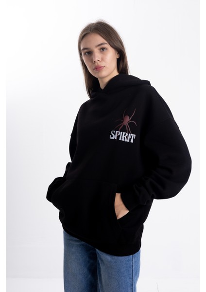 Unisex Oversize Spırıt Baskı Kapşonlu Sweatshirt