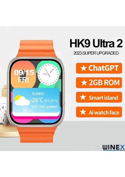 Watch HK9 Ultra 2 Amoled Ekran Android İos HarmonyOs Uyumlu Akıllı Saat Turuncu