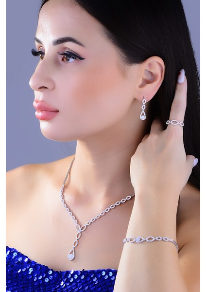 925 Ayar Gümüş Damla Salkım Pırlanta Montör Su Yolu Set