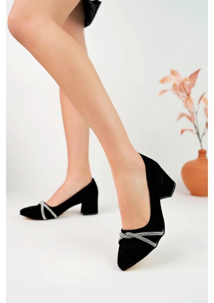 Ökçeli Biyesi Taşlı Siyah Süet Kadın Stiletto