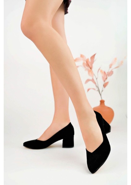 Ökçeli Sivri Kalıp Siyah Süet Kadın Ayakkabı modelleri