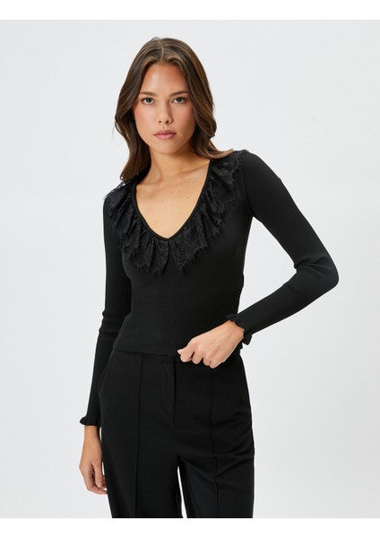 Triko Kazak V Yaka Dantelli Fitilli Regular Fit modelleri