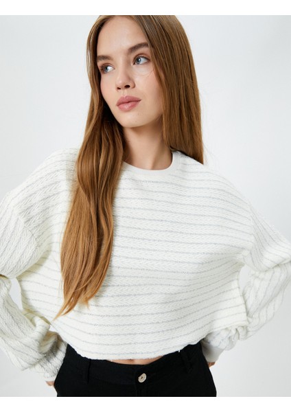 Crop Çizgili Sweatshirt Simli Uzun Balon Kollu