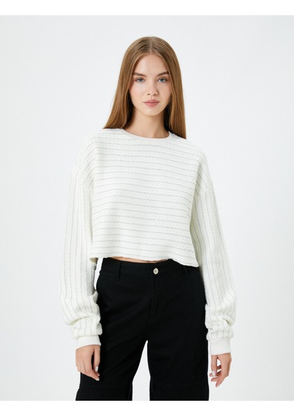 Crop Çizgili Sweatshirt Simli Uzun Balon Kollu modelleri