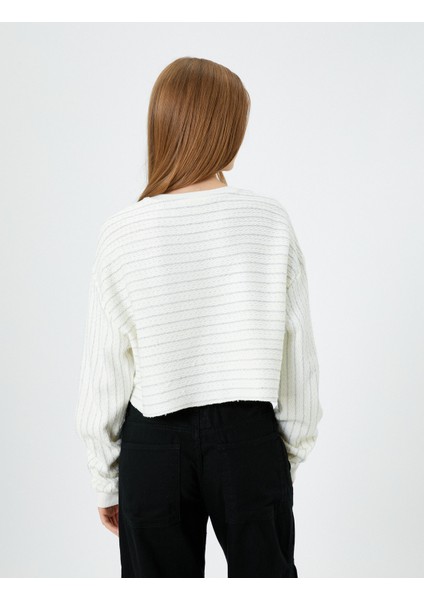 Crop Çizgili Sweatshirt Simli Uzun Balon Kollu fırsatları