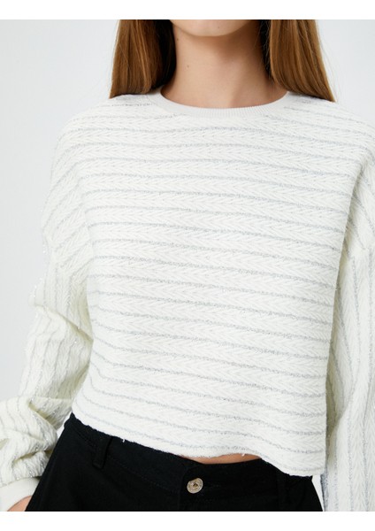 Crop Çizgili Sweatshirt Simli Uzun Balon Kollu indirimleri