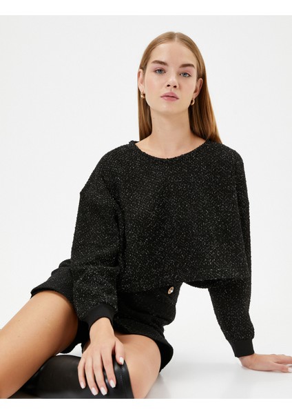 Crop Oversize Tüvit Sweatshirt Uzun Kollu Bisiklet Yaka