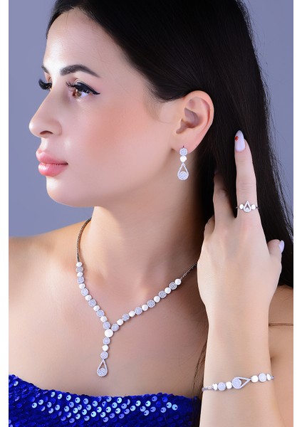 925 Ayar Gümüş Damla Salkım Pırlanta Montör Su Yolu Set