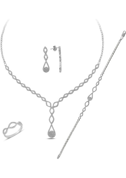 925 Ayar Gümüş Damla Salkım Pırlanta Montör Su Yolu Set