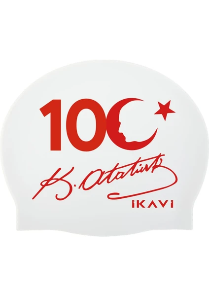 İkavi 100.YIL Özel Atatürk Silüet ve Imza Baskılı Silikon Havuz Bonesi