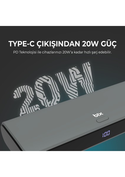 PB203 20000MAH USB ve Type-C Pd 20W Çift Çıkışlı Dijital Ekranlı Powerbank Gri