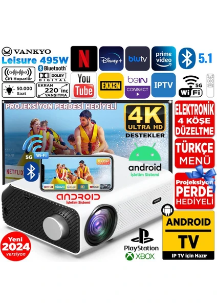 Leisure 495W Android 4K Destekli 5g Wi-Fi + Bluetooth LCD LED Projeksiyon Cihazı - 220 Inç Yansıtma -Dolby Audio Hoparlör