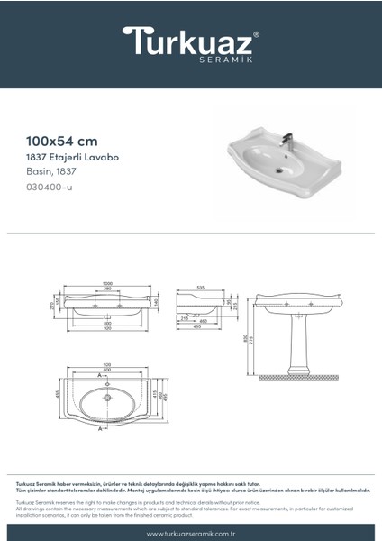 Turkuaz Seramik 1837 100 cm Etajerli Lavabo