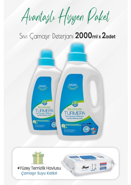 Sıvı Çamaşır Deterjanı 2 Lt x 2 Adet ve Çamaşır Sulu Yüzey Temizlik 100' Lü