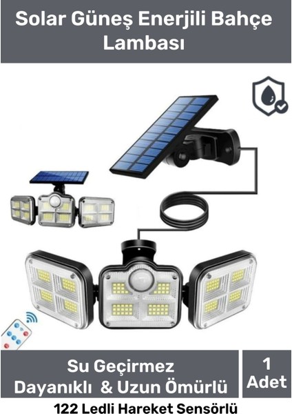 Premium Kumandalı Solar Güneş Enerjili 122 Ledli Hareket Sensörlü Bahçe Aydınlatma Sokak Lambası