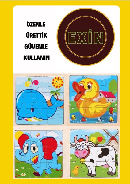 Ahşap Eğitici 4 Adet Balina,fil,civciv,inek Hayvan Figürlü Ilk Puzzlem Çocuk Puzzle 9 Parça