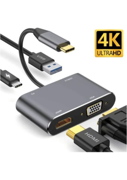 Deste Elektronik Type-C 4 In 1 Hub Çoğaltıcı Vga-Hdmı-Usb-Type-C Hub Çoğaltıcı