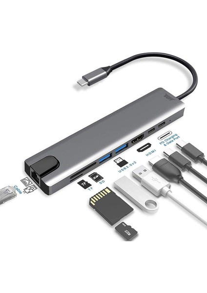 Deste Elektronik Type-C 8 In 1 Hub Çoğaltıcı Lan-Hdmı-2x Usb-2x Type-C - Sd-Micro Sd Kart Okuyucu