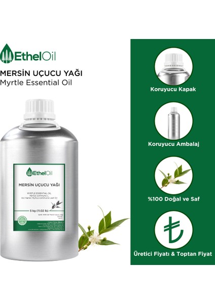 Mersin Uçucu Yağı - Etheloil - 5 kg - %100 Saf ve Doğal Uçucu Yağ - Üretici Firma, Yüksek Kalite, Toptan Satış - Myrtle Essential Oil - Myrtus Communisl. fiyatları