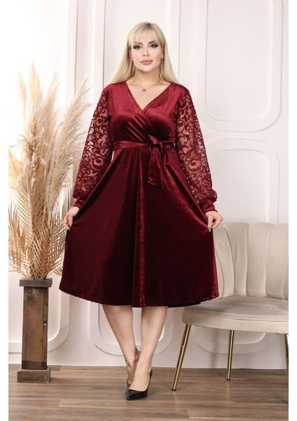 Büyük Beden Kruvaze Yaka Kadife Elbise 15C-2460 indirimleri