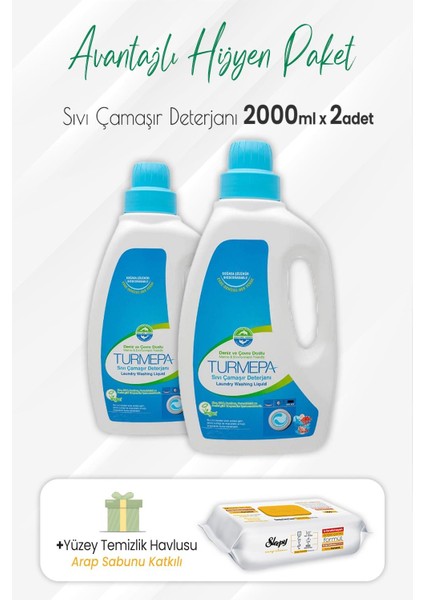 Sıvı Çamaşır Deterjanı 2 Lt x 2 Adet ve Arap Sabunlu Yüzey Temizlik 100' Lü