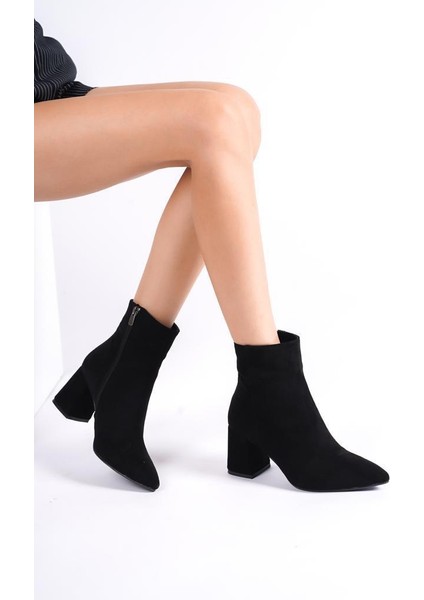 Mbzfr5006S-S Kadın Siyah Süet Kalın Topuklu Sivri Burun Fermuarlı Kısa Bot &Bootie