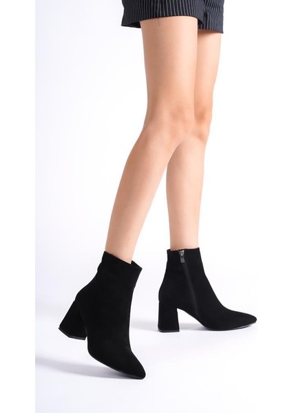 Mbzfr5006S-S Kadın Siyah Süet Kalın Topuklu Sivri Burun Fermuarlı Kısa Bot &Bootie fiyatları
