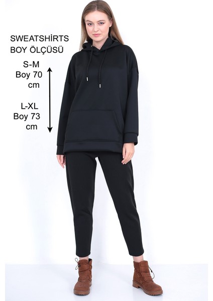 Kadın Siyah Scuba Kapüşonlu Sweatshirt Oversize