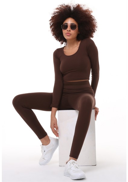 Fancy Kadın Uzun Kollu Crop Üst ve Toparlayıcı Yüksek Bel Tayt Sporcu Takımı