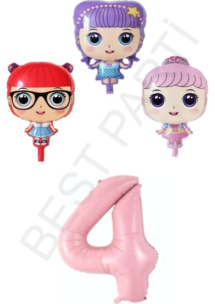 3 Karakter Kız Bebek ve Pembe Rakam Folyo Balon Seti Yaş 4