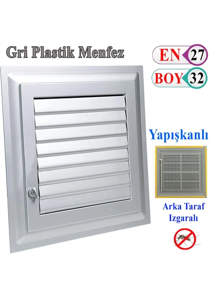 Menfez Banyo Wc Tuvalet Havalandırma Plastik Panjur Gri 27X32 cm